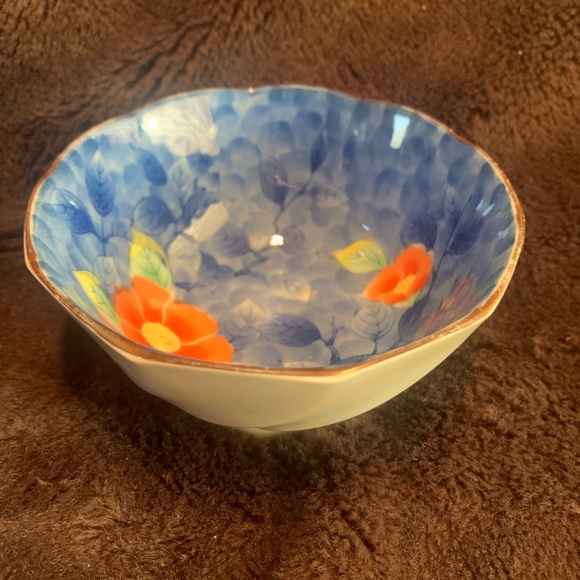 Art Vintage Japanese Soup Bowl Blue Sendan Tokusa Lines Orange